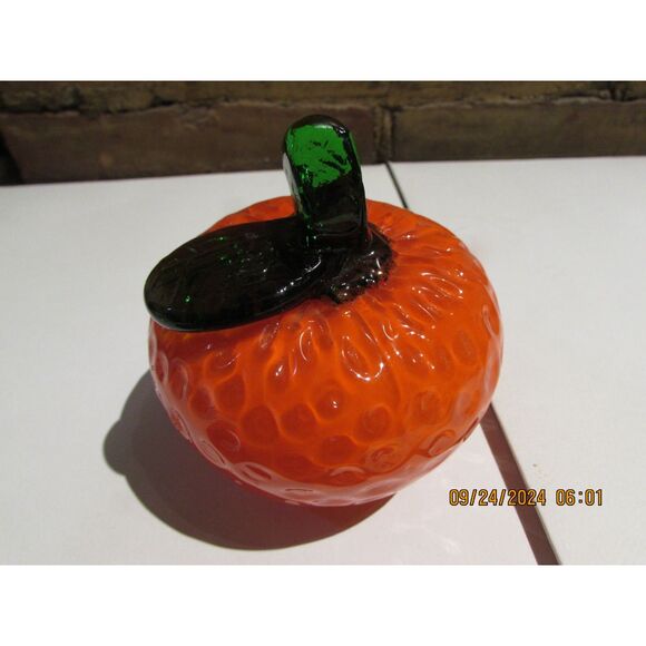 GLASS ART FRUIT FANCO ORANGE GREEN STEM HOME DECOR FRUIT BASKET - Picture 1 of 3